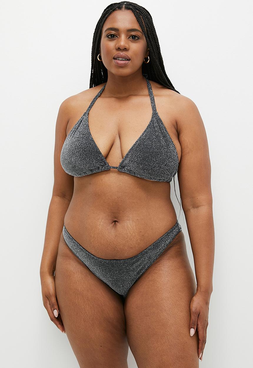Cotton On - Plus High Side Brazilian Seam Bikini Bottom - Black Metallic