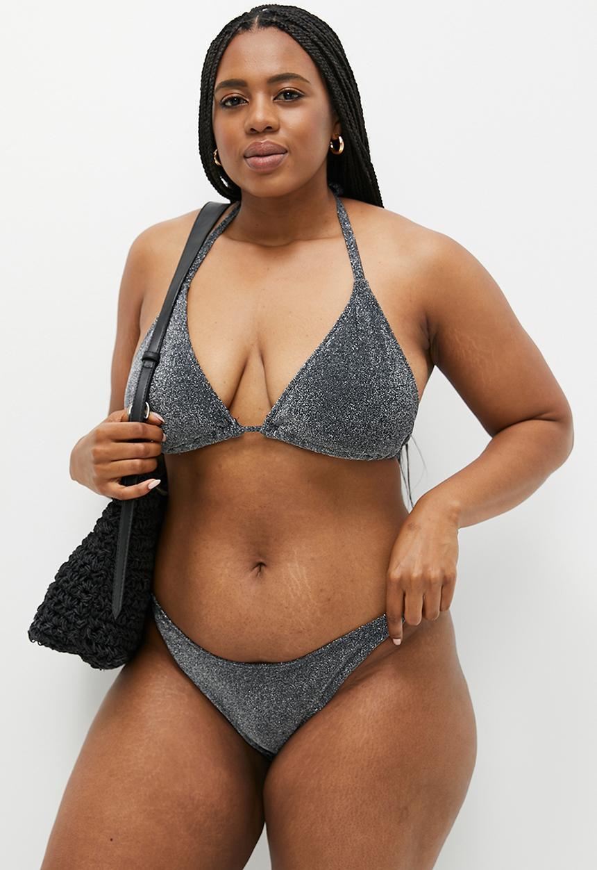 Cotton On - Plus High Side Brazilian Seam Bikini Bottom - Black Metallic