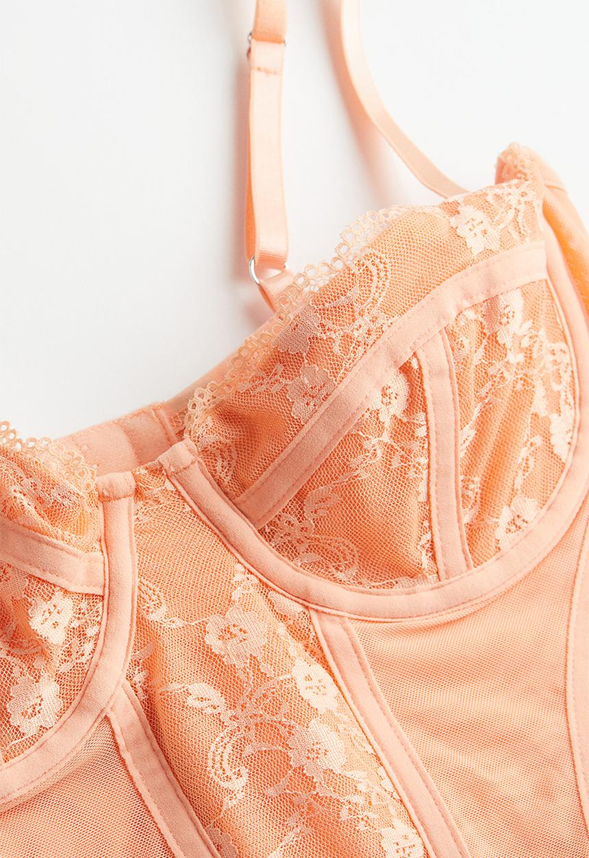 H&M - Lace-detail mesh bustier top - apricot 