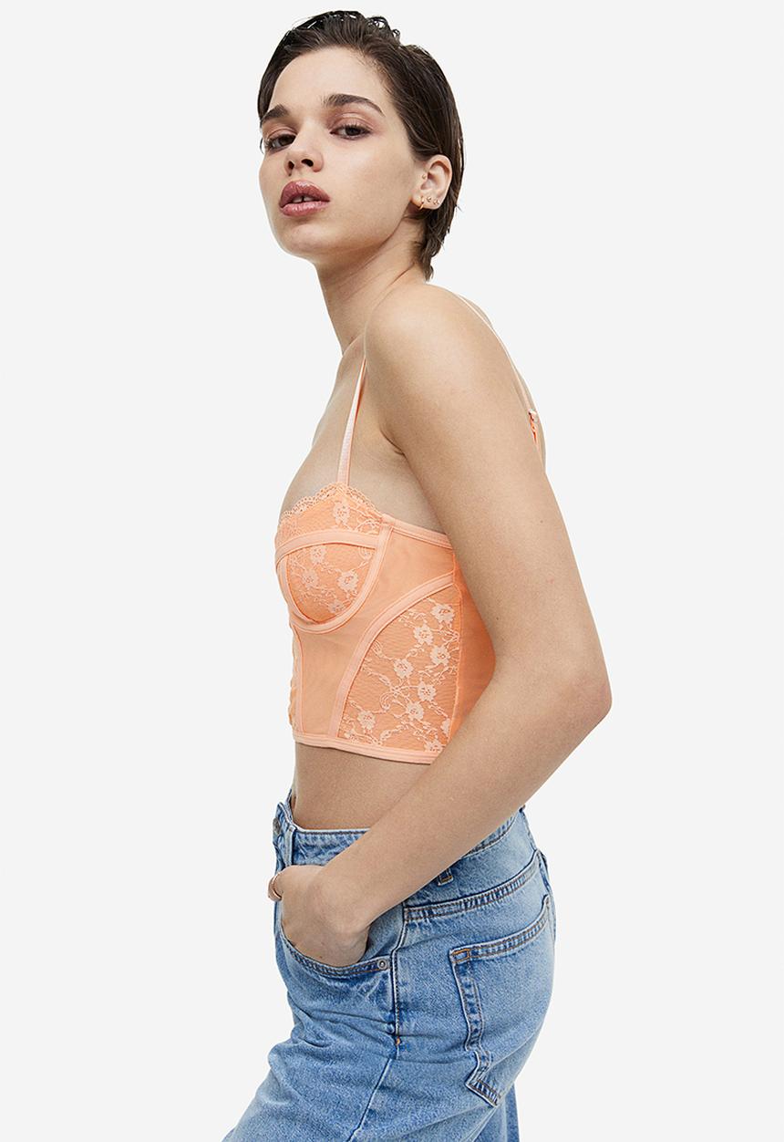 H&M - Lace-detail mesh bustier top - apricot 