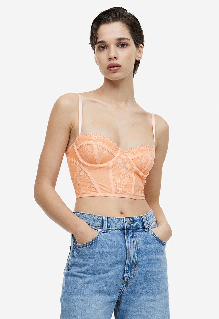 H&M - Lace-detail mesh bustier top - apricot 