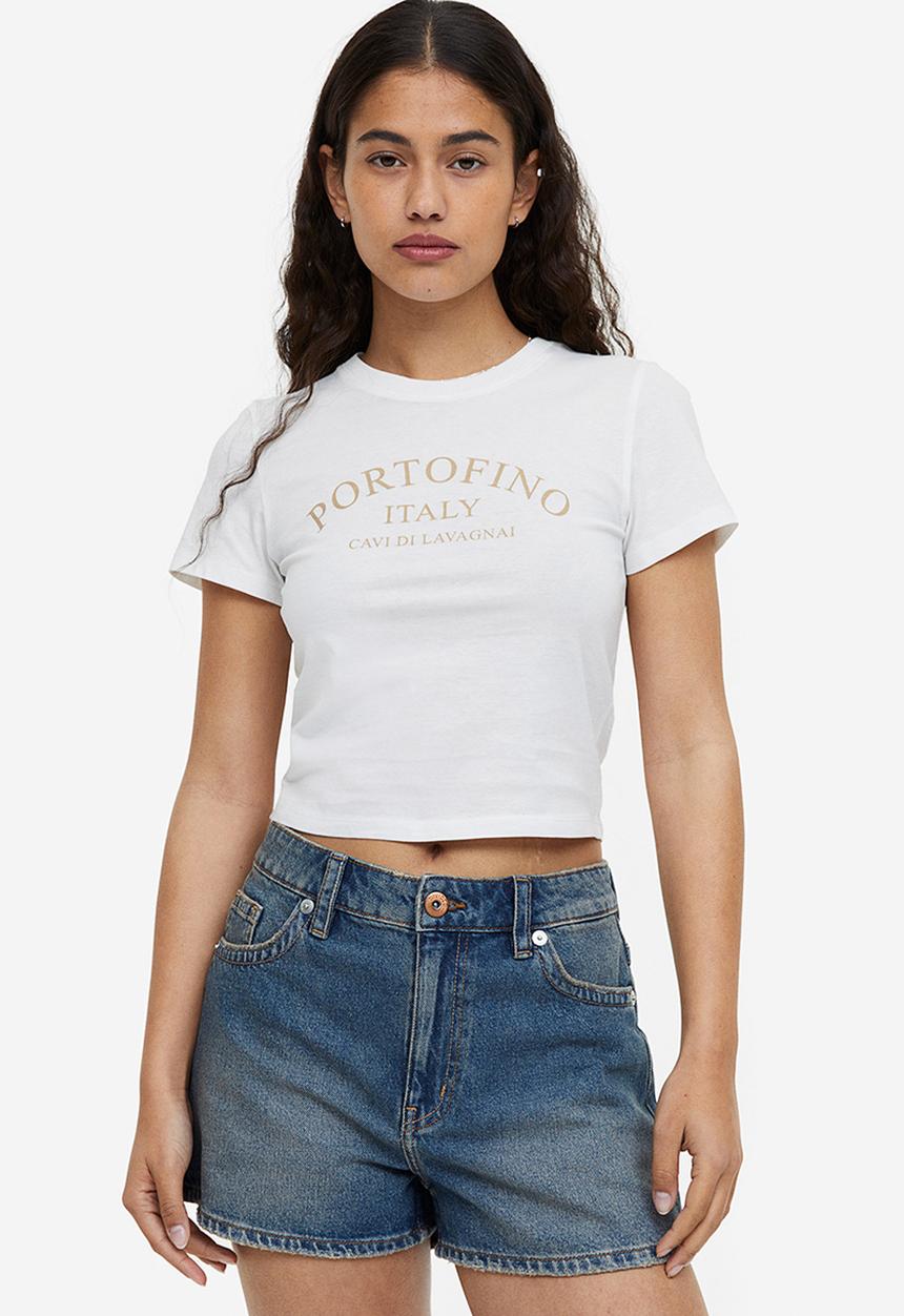 H&M - Printed cropped top - white portofino