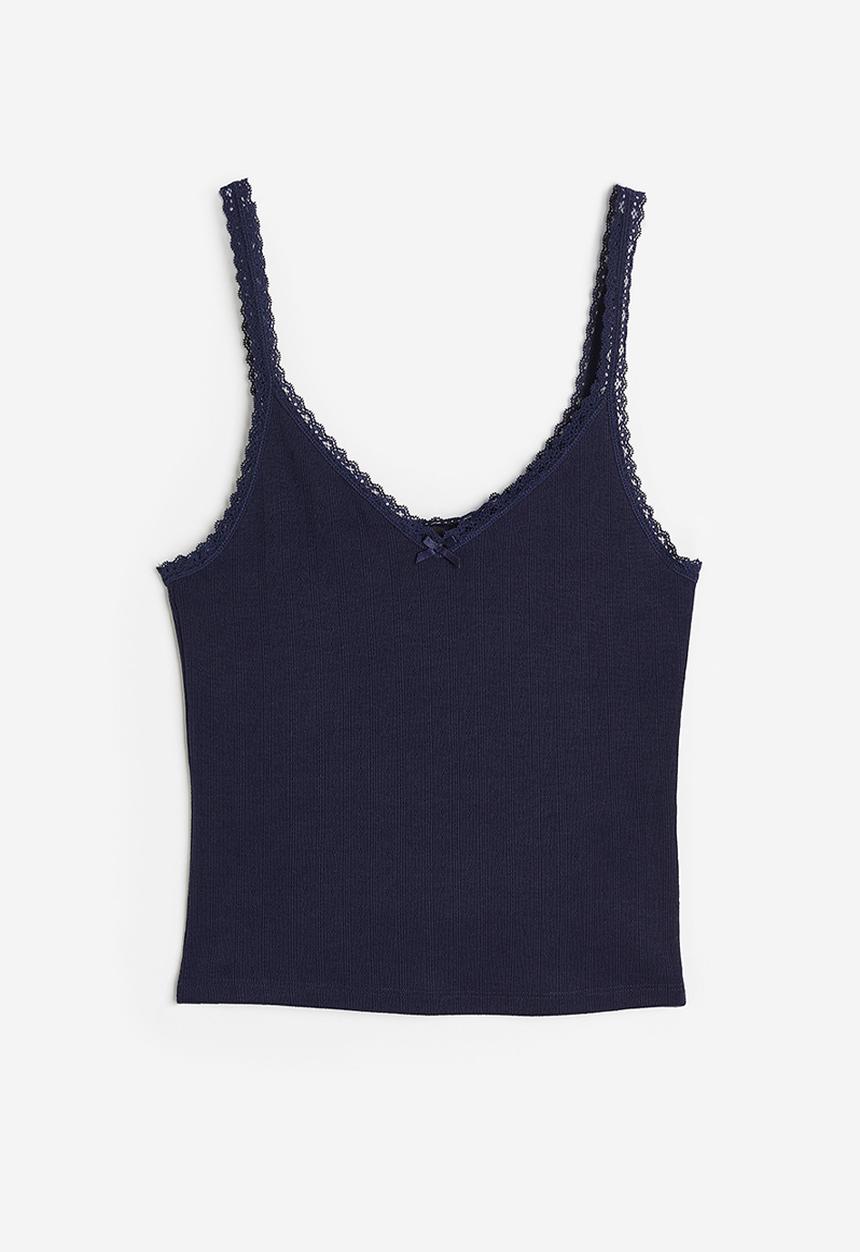 H&M - Lace-trimmed ribbed vest top - navy blue