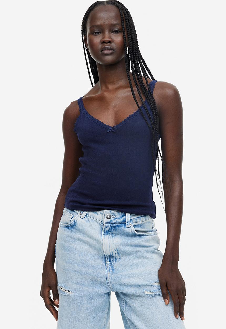H&M - Lace-trimmed ribbed vest top - navy blue