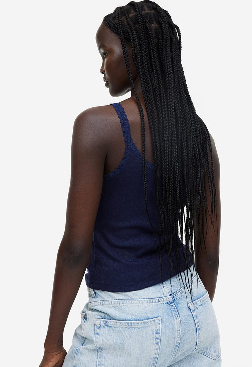H&M - Lace-trimmed ribbed vest top - navy blue