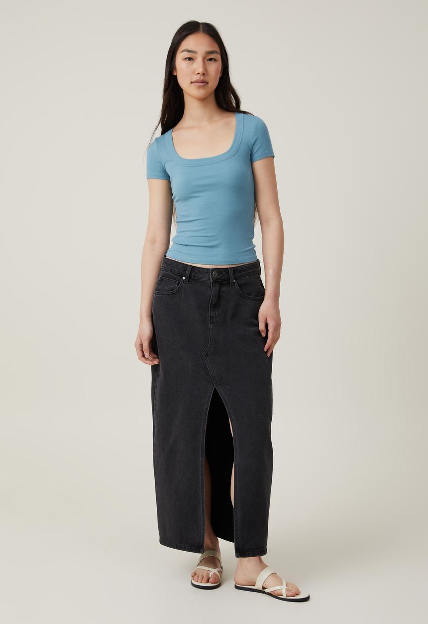 Cotton On - Staple Rib Scoop Neck Short Sleeve Top - Aspen Blue