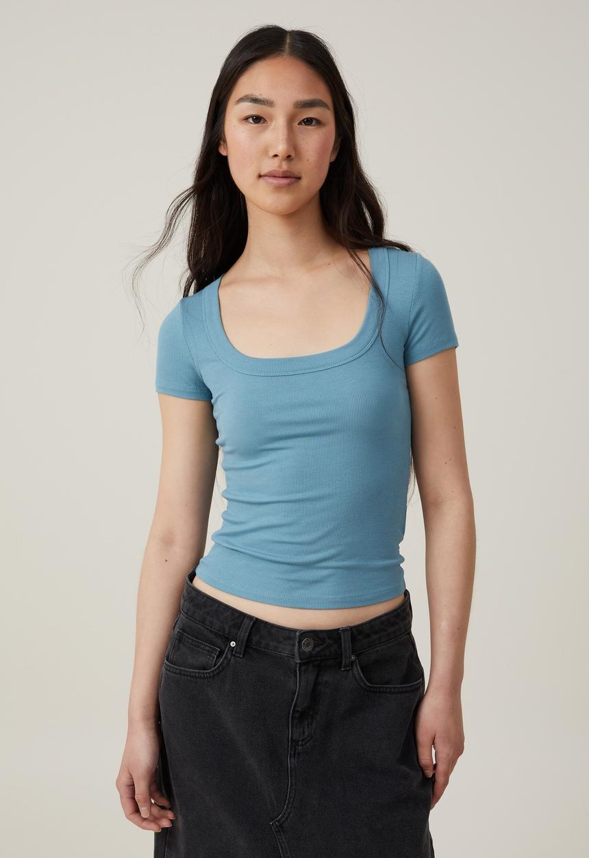 Cotton On - Staple Rib Scoop Neck Short Sleeve Top - Aspen Blue