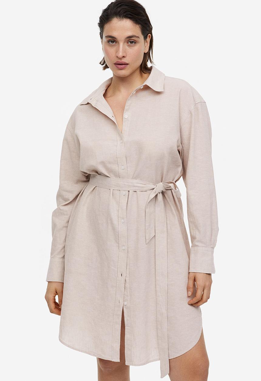 H&M - Linen-blend shirt dress - light beige