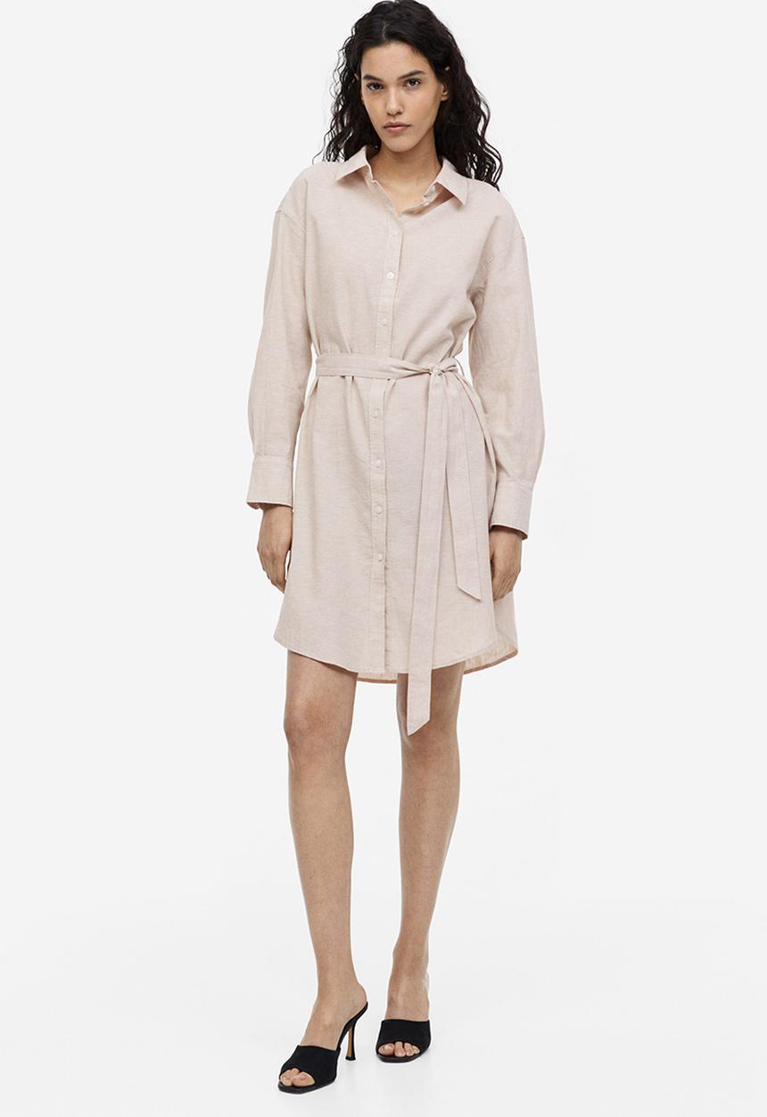 H&M - Linen-blend shirt dress - light beige