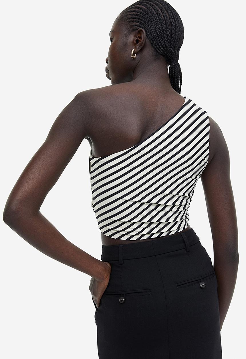 H&M - Gathered one-shoulder top - light beige & black striped