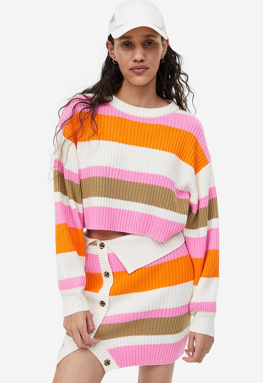 H&M - Cropped rib-knit jumper - cream striped 