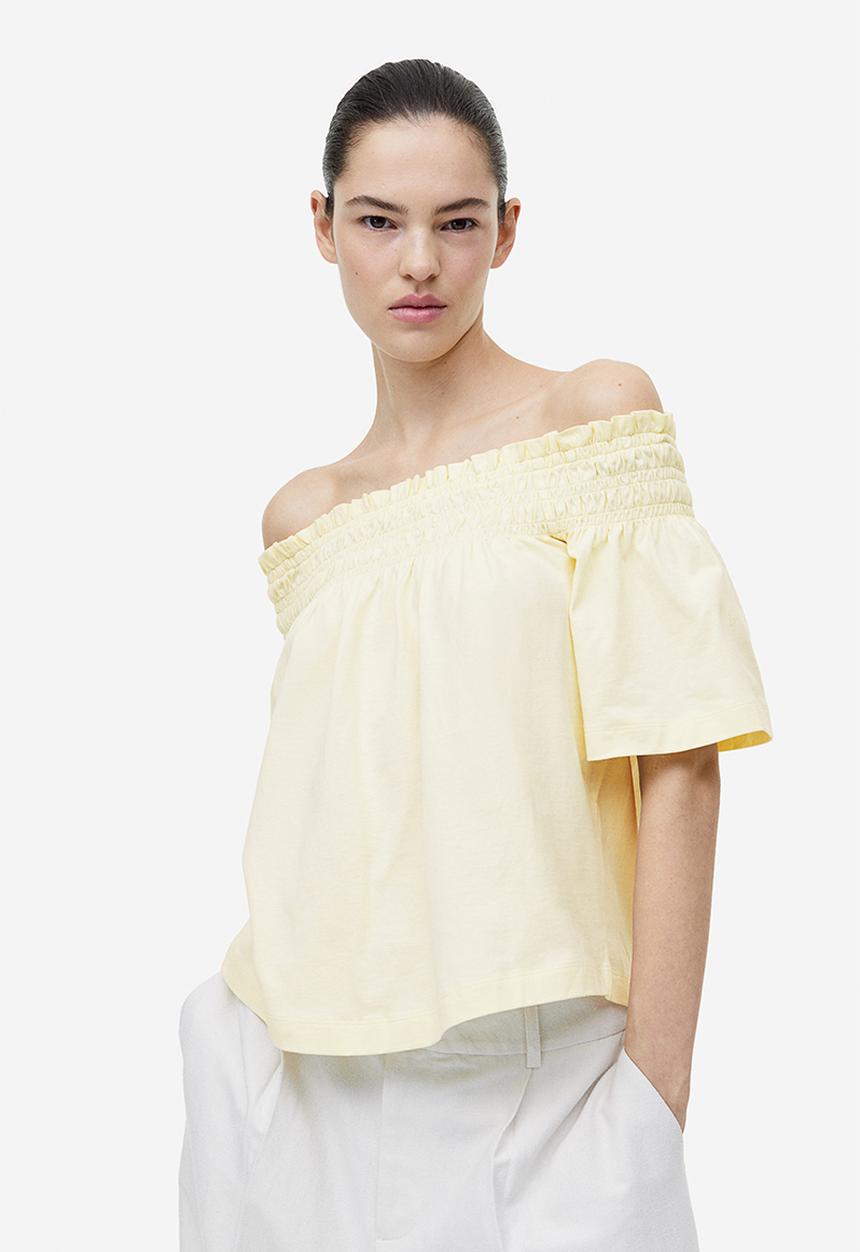 H&M - Off-the-shoulder jersey top - light yellow 
