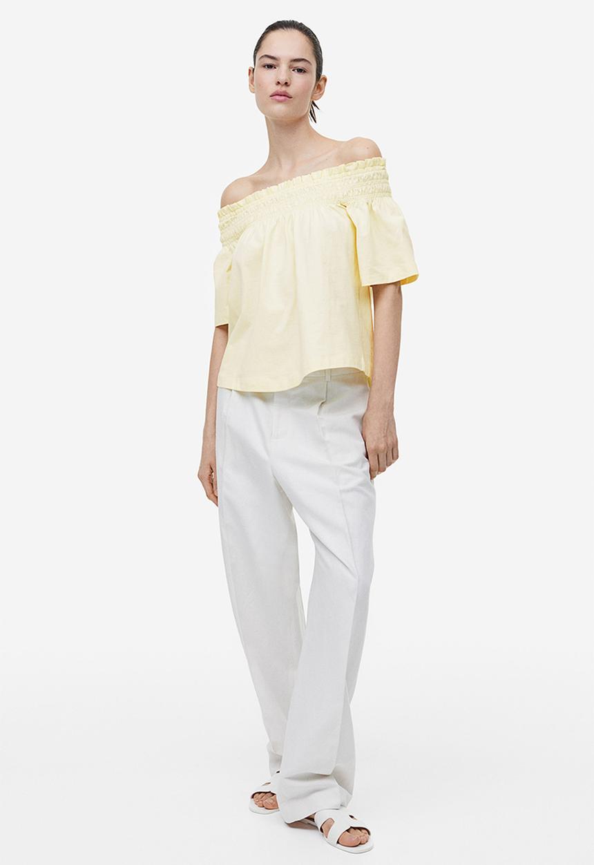 H&M - Off-the-shoulder jersey top - light yellow 