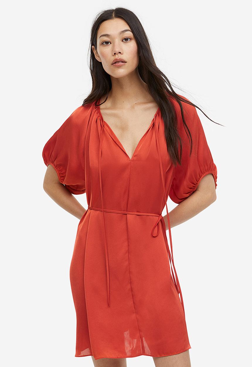 H&M - Tie-detail satin dress - red-orange
