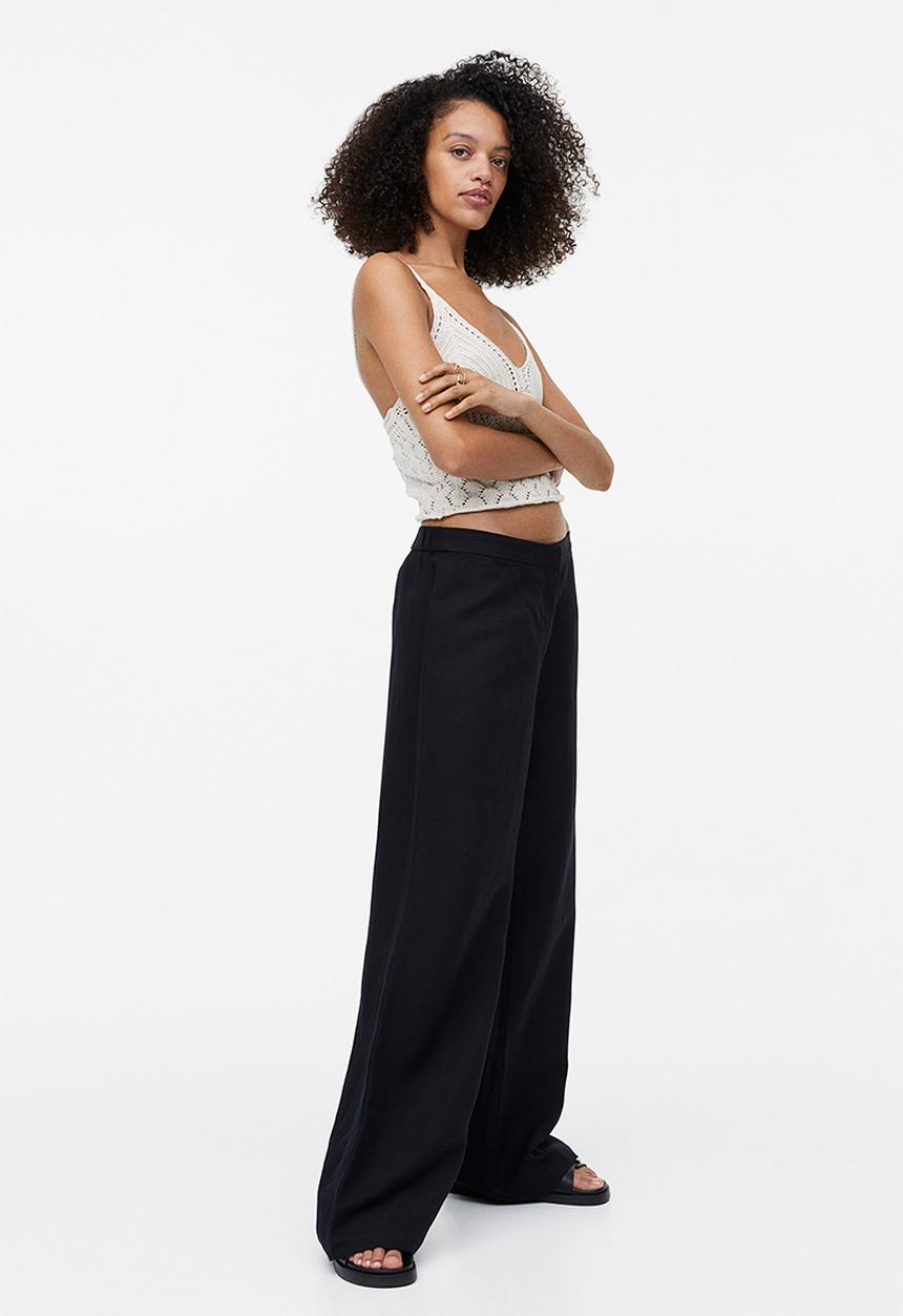 H&M - Wide linen-blend trousers - black