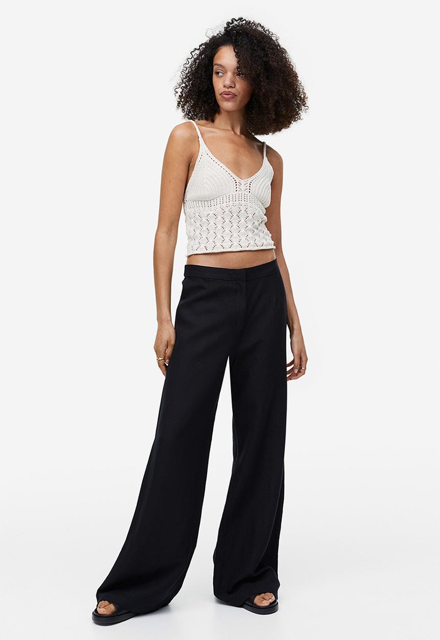 H&M - Wide linen-blend trousers - black