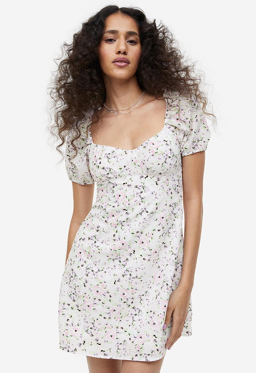 H&M - Puff-sleeved crêpe dress - white/floral