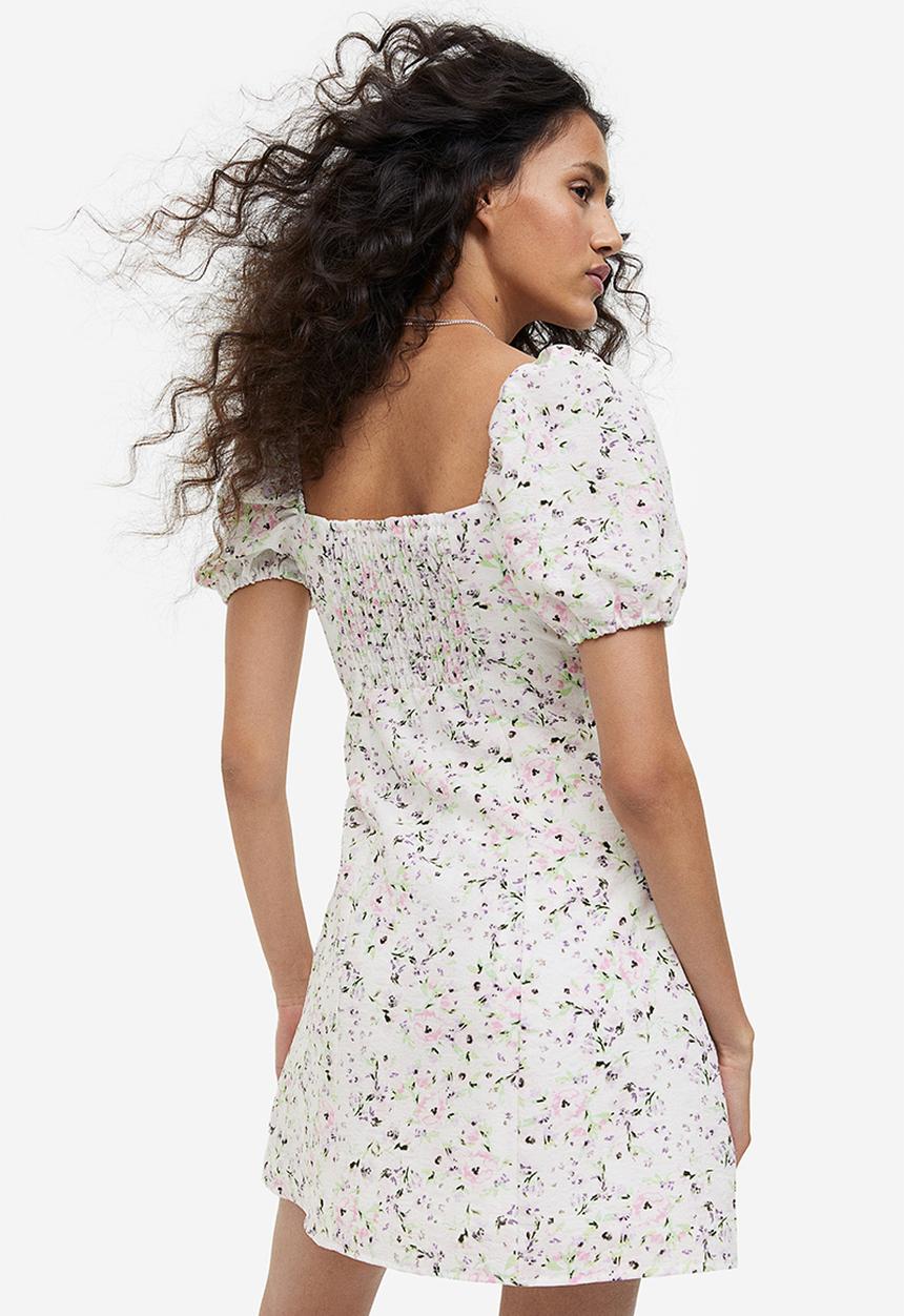 H&M - Puff-sleeved crêpe dress - white/floral