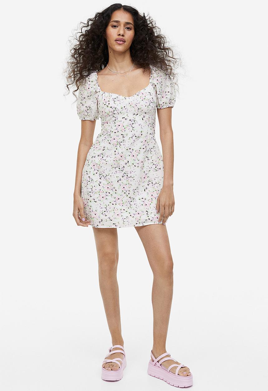 H&M - Puff-sleeved crêpe dress - white/floral