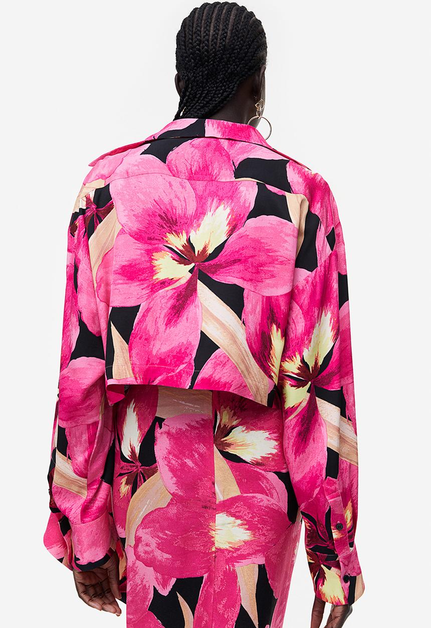 H&M - Cropped satin shirt - cerise/floral 