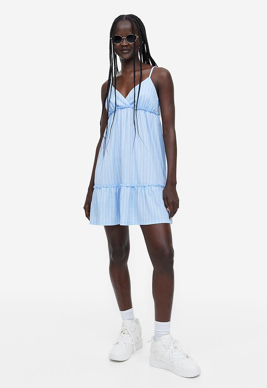 H&M - Frill-trimmed crêpe dress - light blue & white striped 