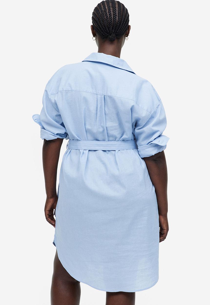 H&M - Linen-blend shirt dress - light blue