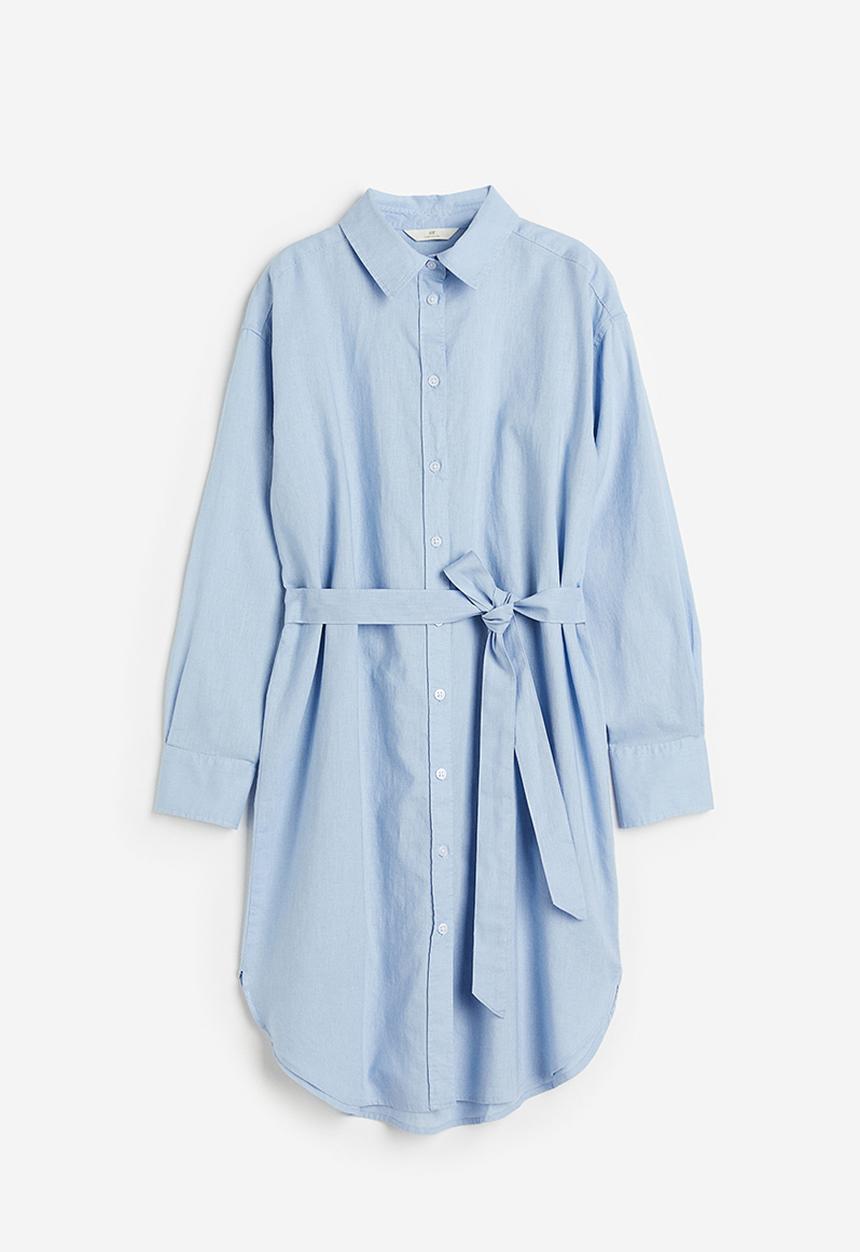 H&M - Linen-blend shirt dress - light blue
