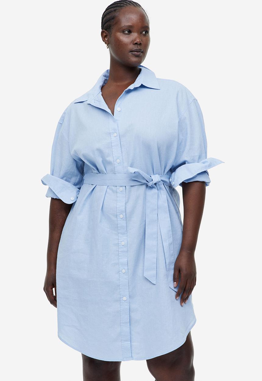 H&M - Linen-blend shirt dress - light blue