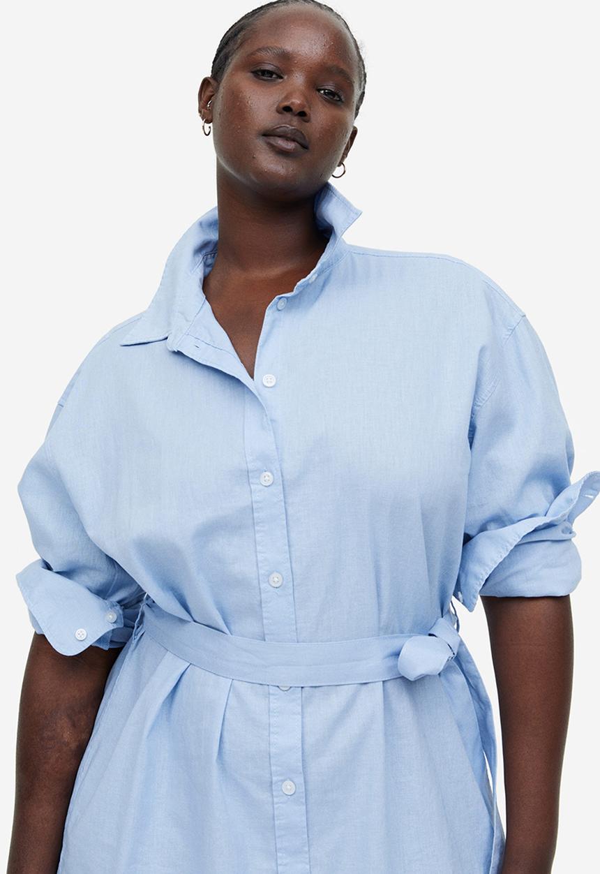 H&M - Linen-blend shirt dress - light blue