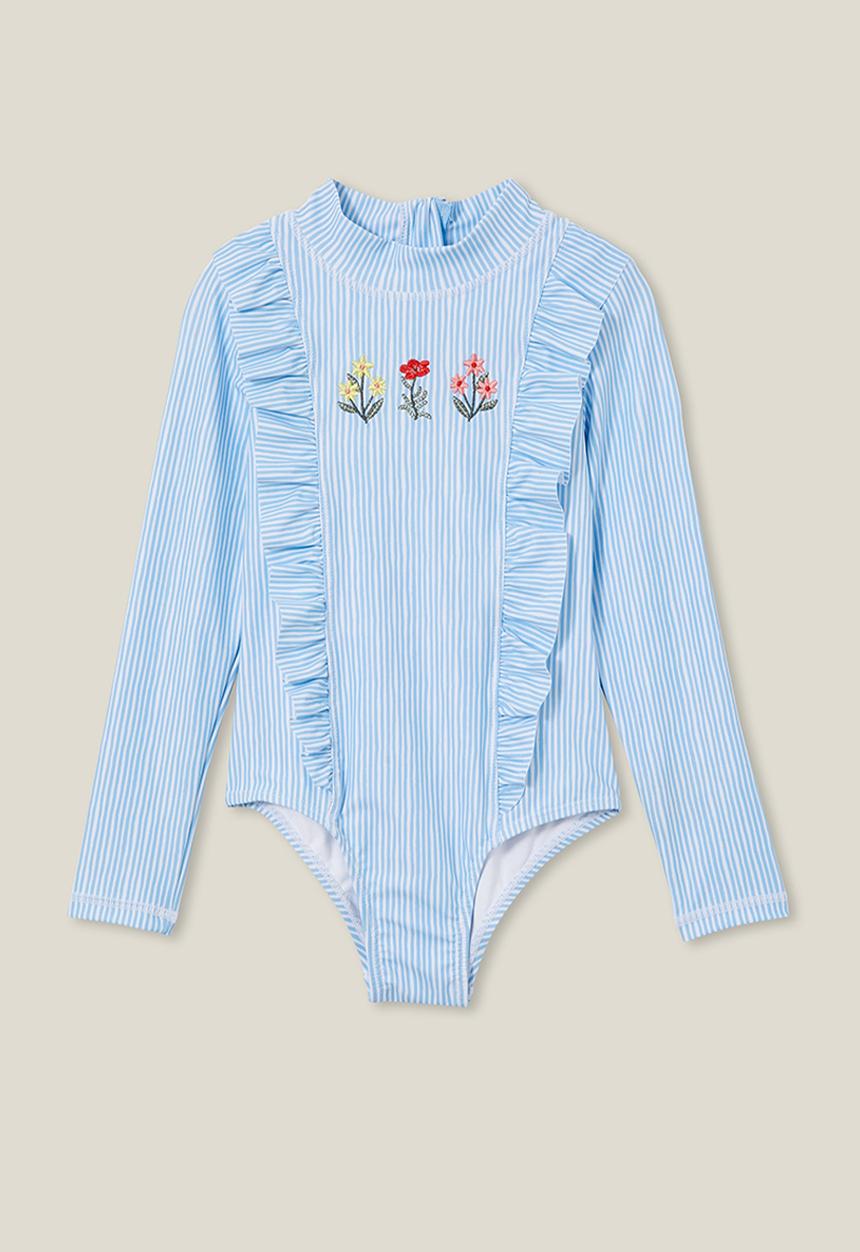 Cotton On - Lydia one piece - sky haze stripe/floral embroidery