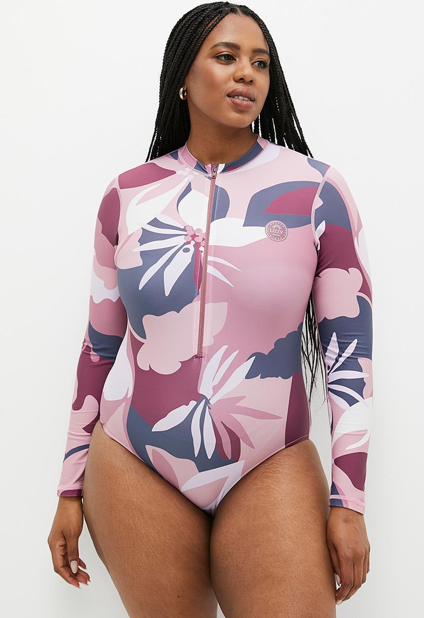 Lizzy - Plus cinderella long sleeve full body swimsuit - pink abstract floral