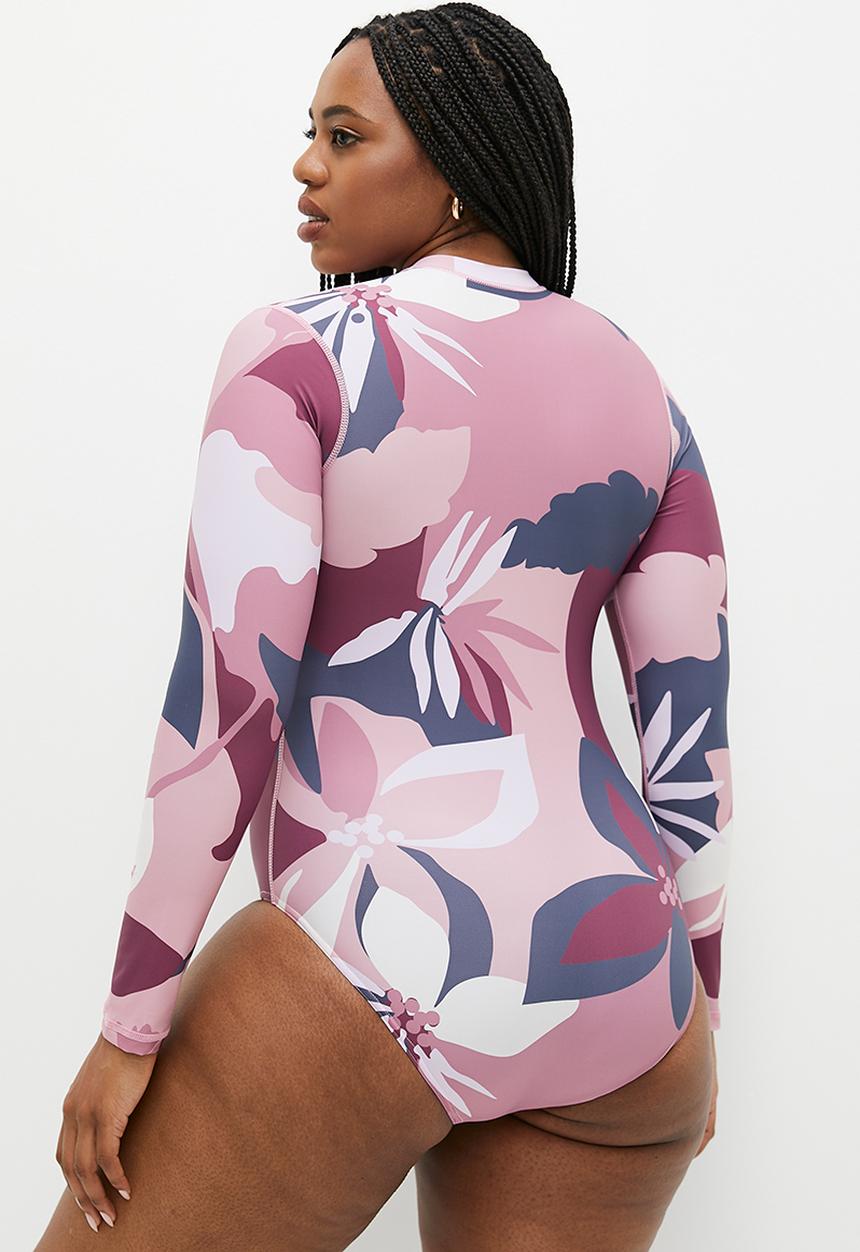 Lizzy - Plus cinderella long sleeve full body swimsuit - pink abstract floral