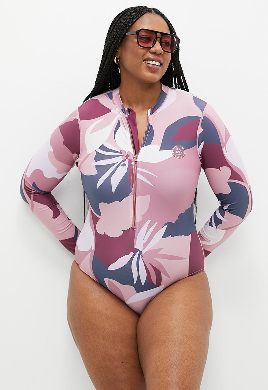 Lizzy - Plus cinderella long sleeve full body swimsuit - pink abstract floral