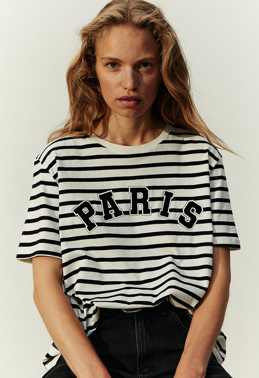 H&M - Printed t-shirt - black striped / paris