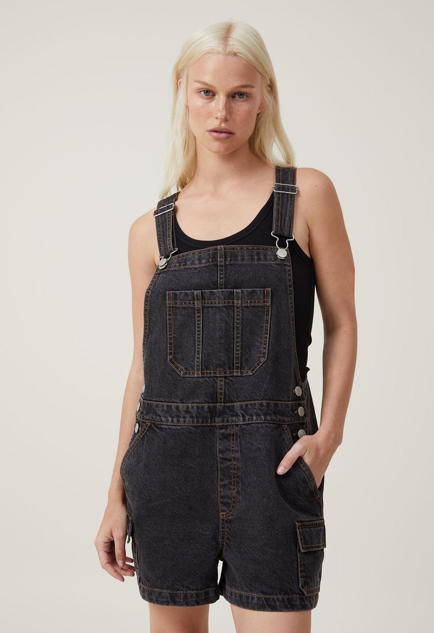 Cotton On - Cargo Short Denim Overall - Smokey Black
