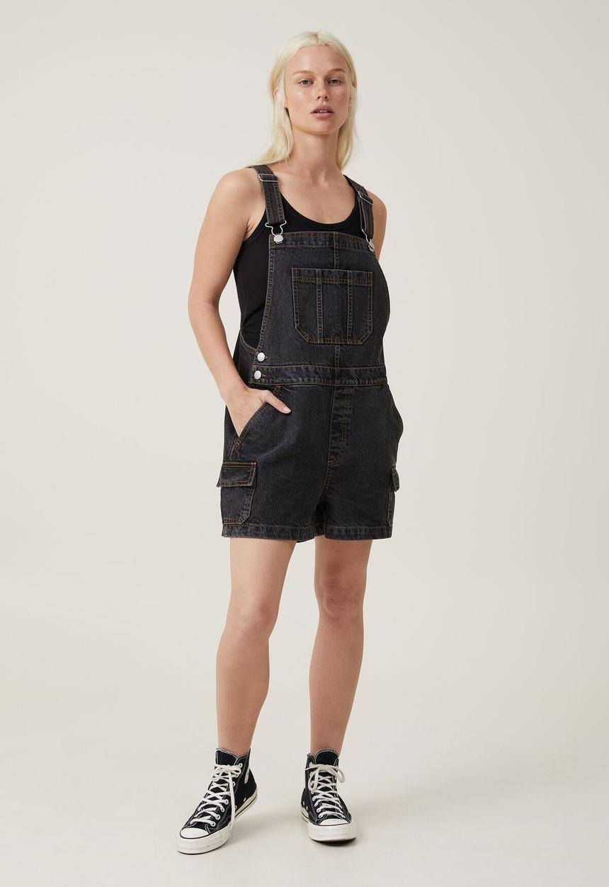 Cotton On - Cargo Short Denim Overall - Smokey Black