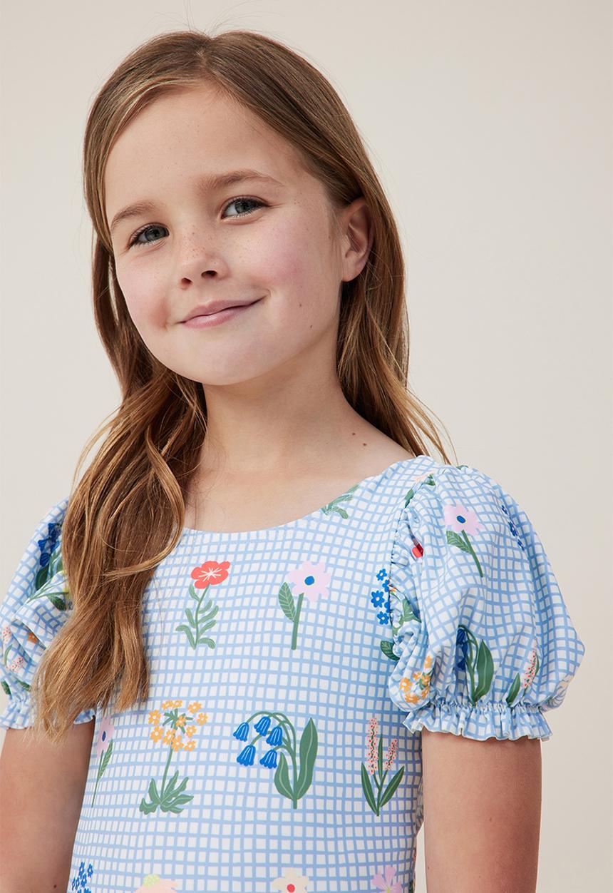 Cotton On - Puff sleeve one piece - vanilla/grid floral