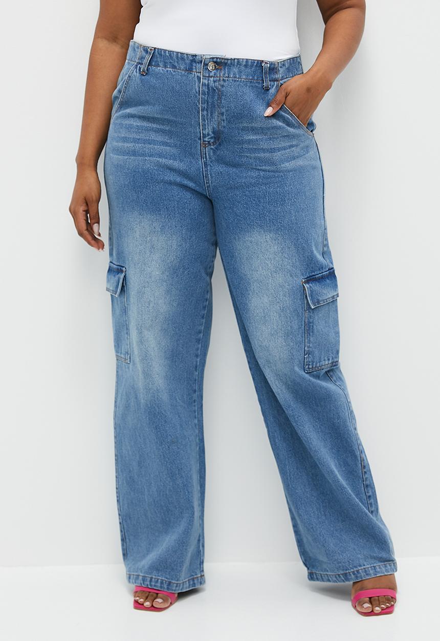 Me&B - Plus Denim Wide Leg Cargo Jeans - Denim