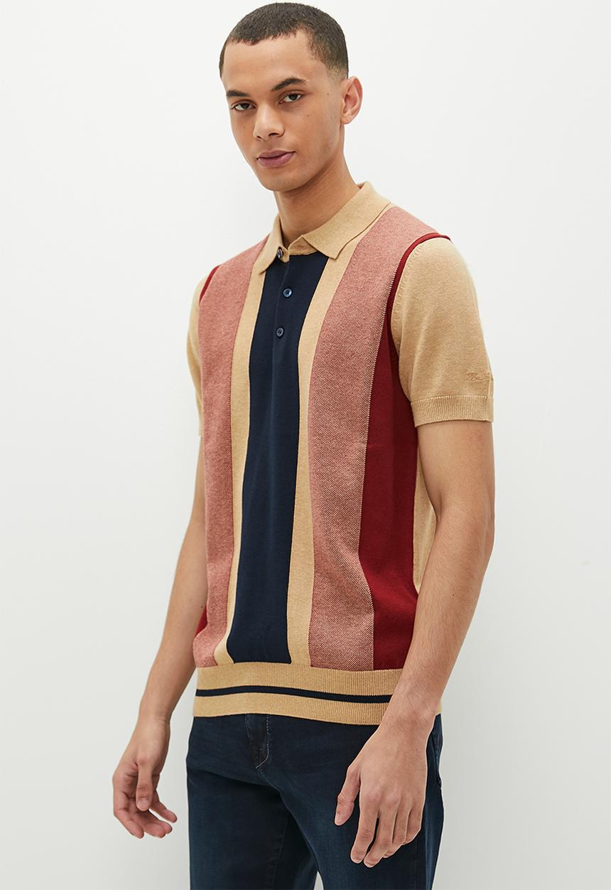 Ben Sherman - Vertical stripe short sleeve polo - stone