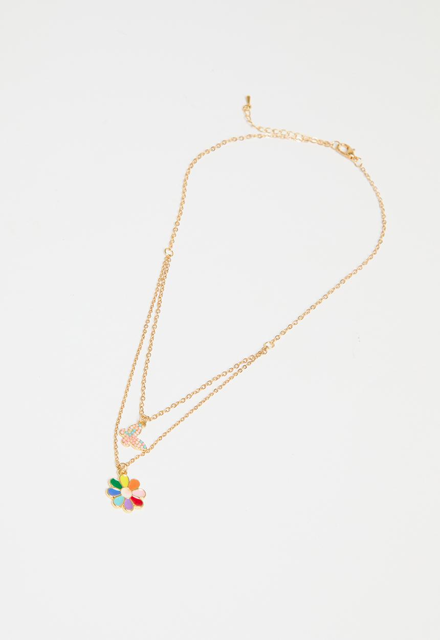 Pop Candy - Flower & butterfly Layered necklace -gold 