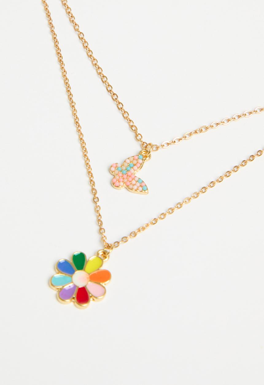 Pop Candy - Flower & butterfly Layered necklace -gold 