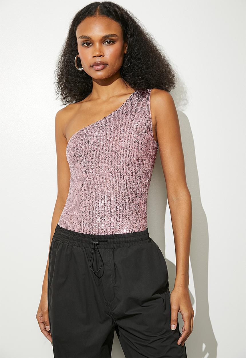 VELVET - Bling asymmetrical bodysuit - deep mauve
