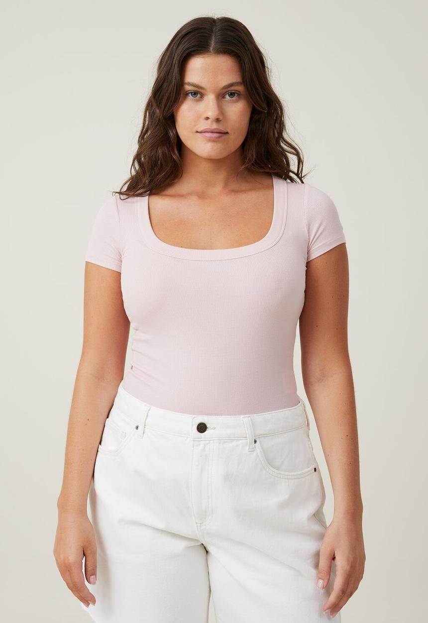 Cotton On - Staple rib scoop neck short sleeve top - chalk pink