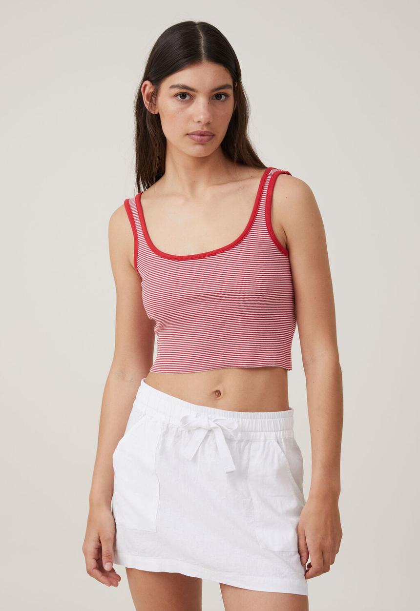 Cotton On - The one organic rib crop tank - mini stripe summer red & white
