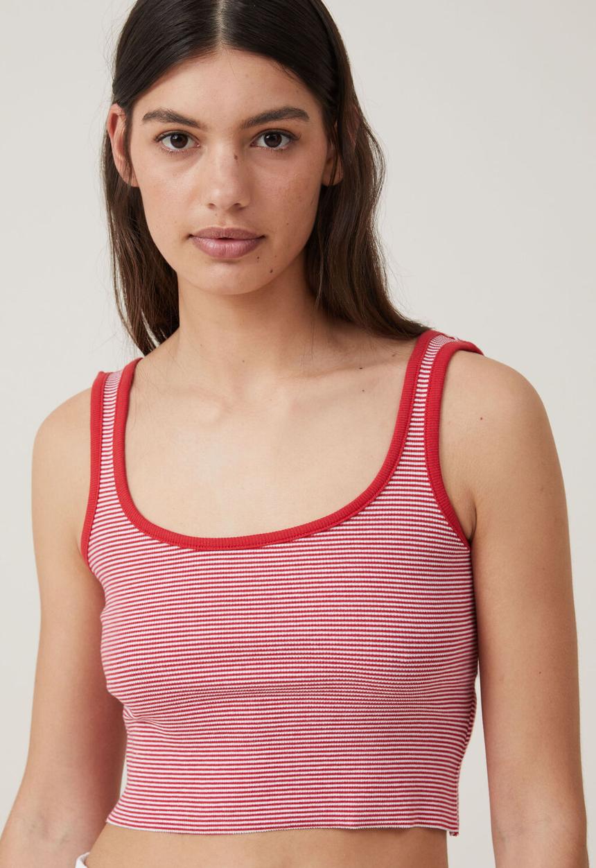 Cotton On - The one organic rib crop tank - mini stripe summer red & white