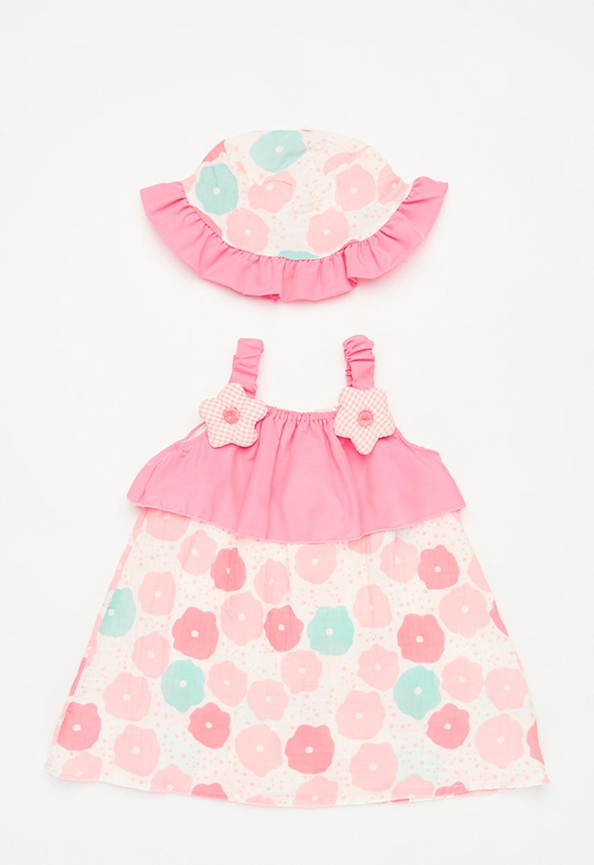 Pop Candy - Baby shoulder tie dress and hat set - pink