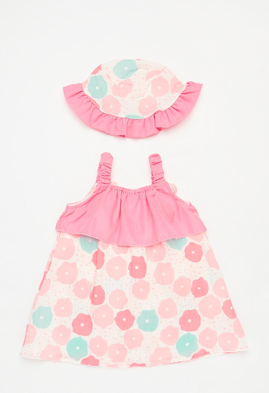Pop Candy - Baby shoulder tie dress and hat set - pink