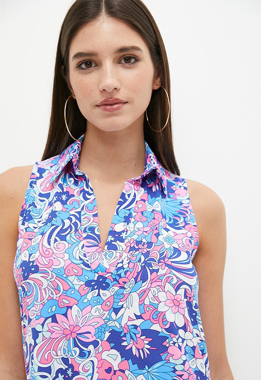 SISSY BOY - Tier and now: sleeveless printed satin dress with tiers - blue 