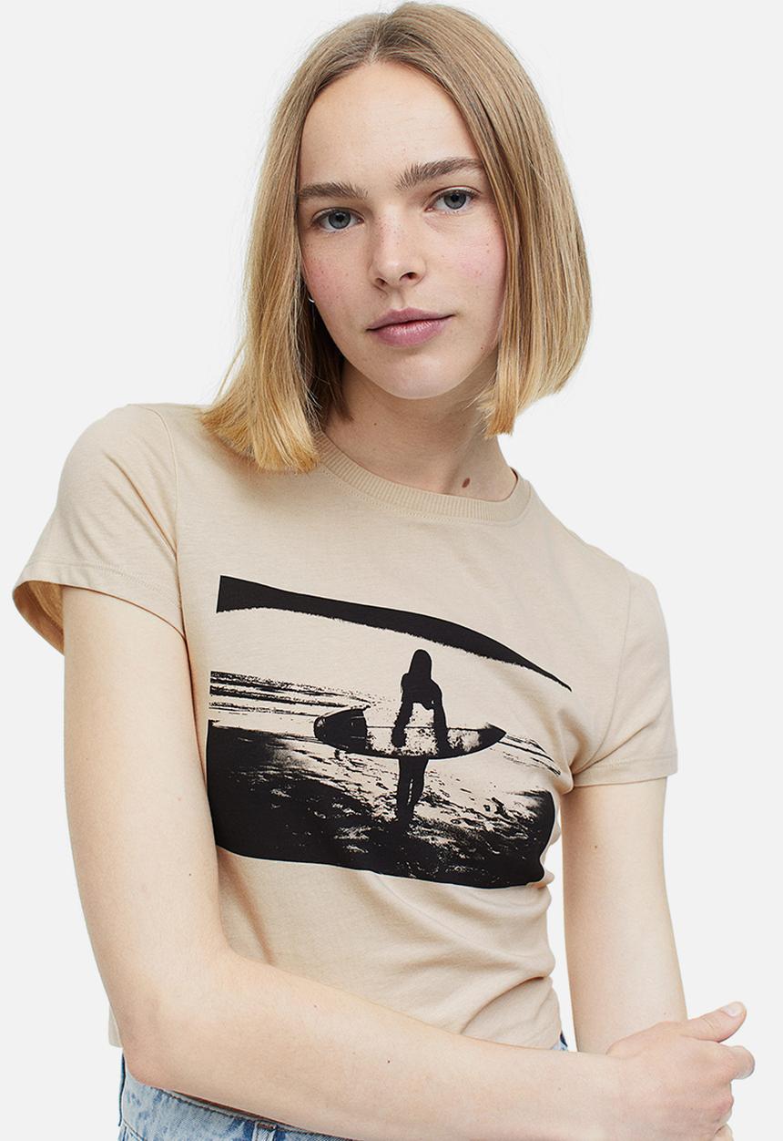 H&M - Printed cropped top - light beige surfer