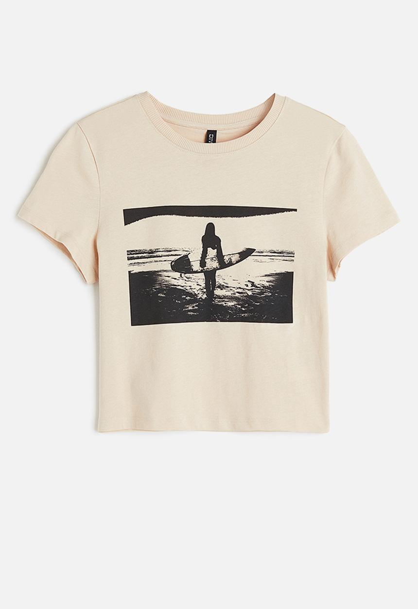 H&M - Printed cropped top - light beige surfer